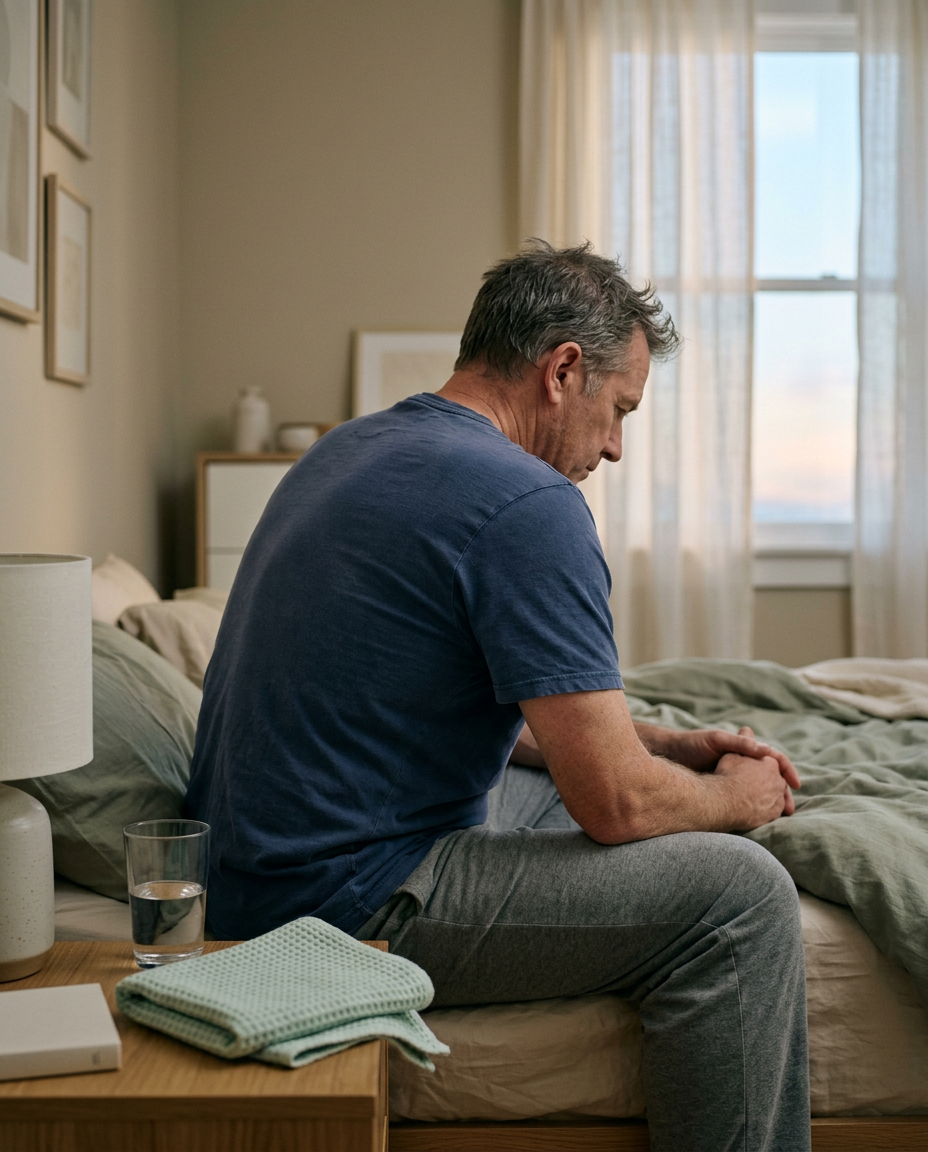 Man sitting on the edge of his bed at 3 a.m.