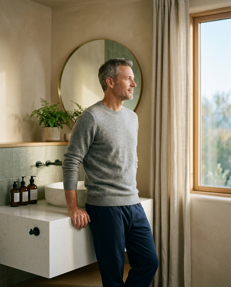 Man at a bright minimal bathroom vanity