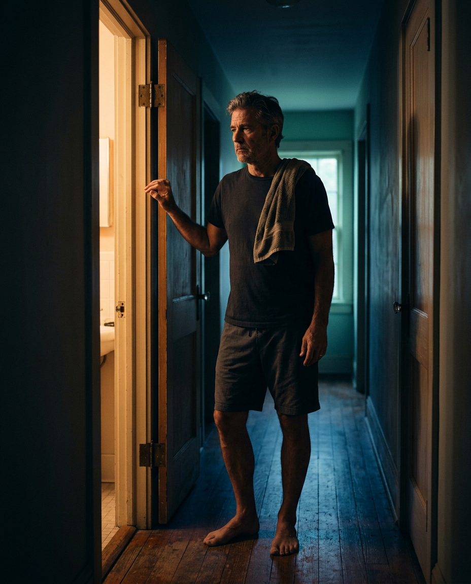 Man standing in a dim hallway at night