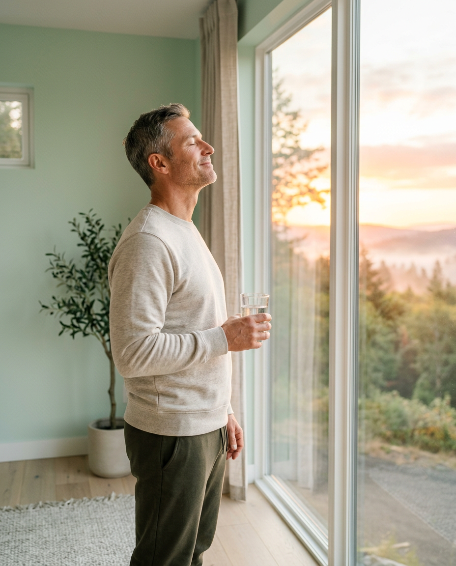 Refreshed man at sunrise holding a glass of water