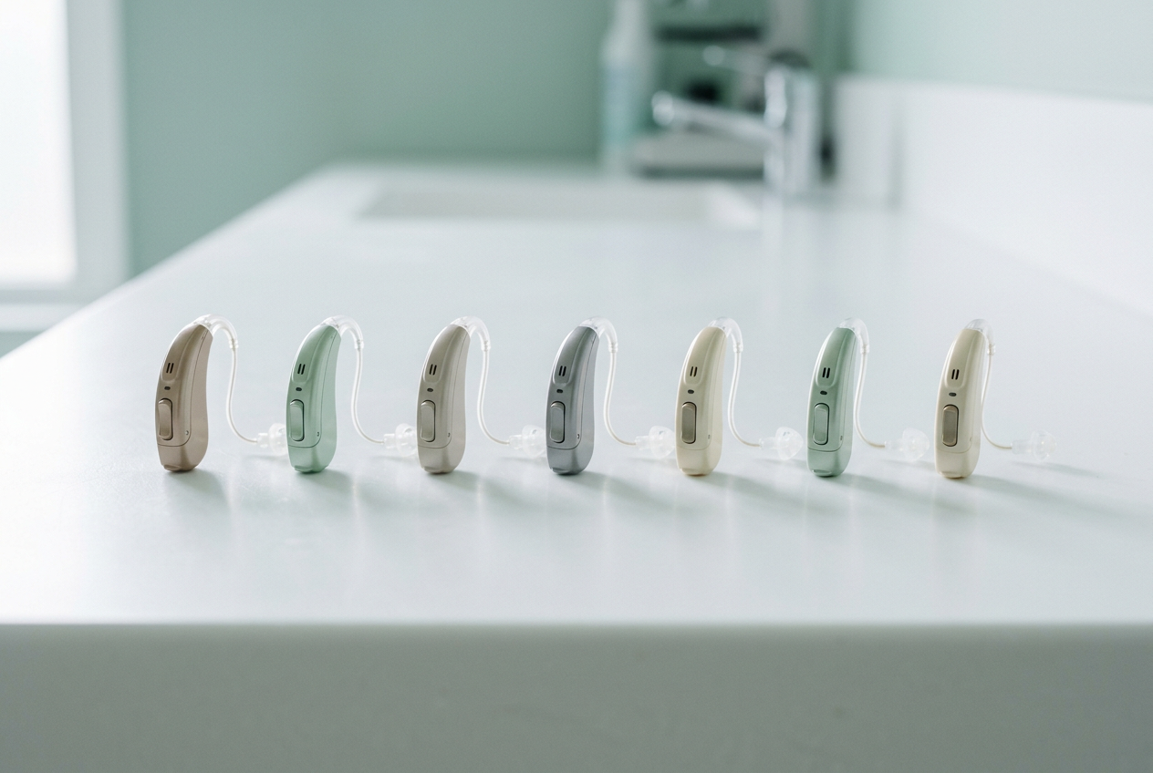 A row of expensive hearing-aid devices