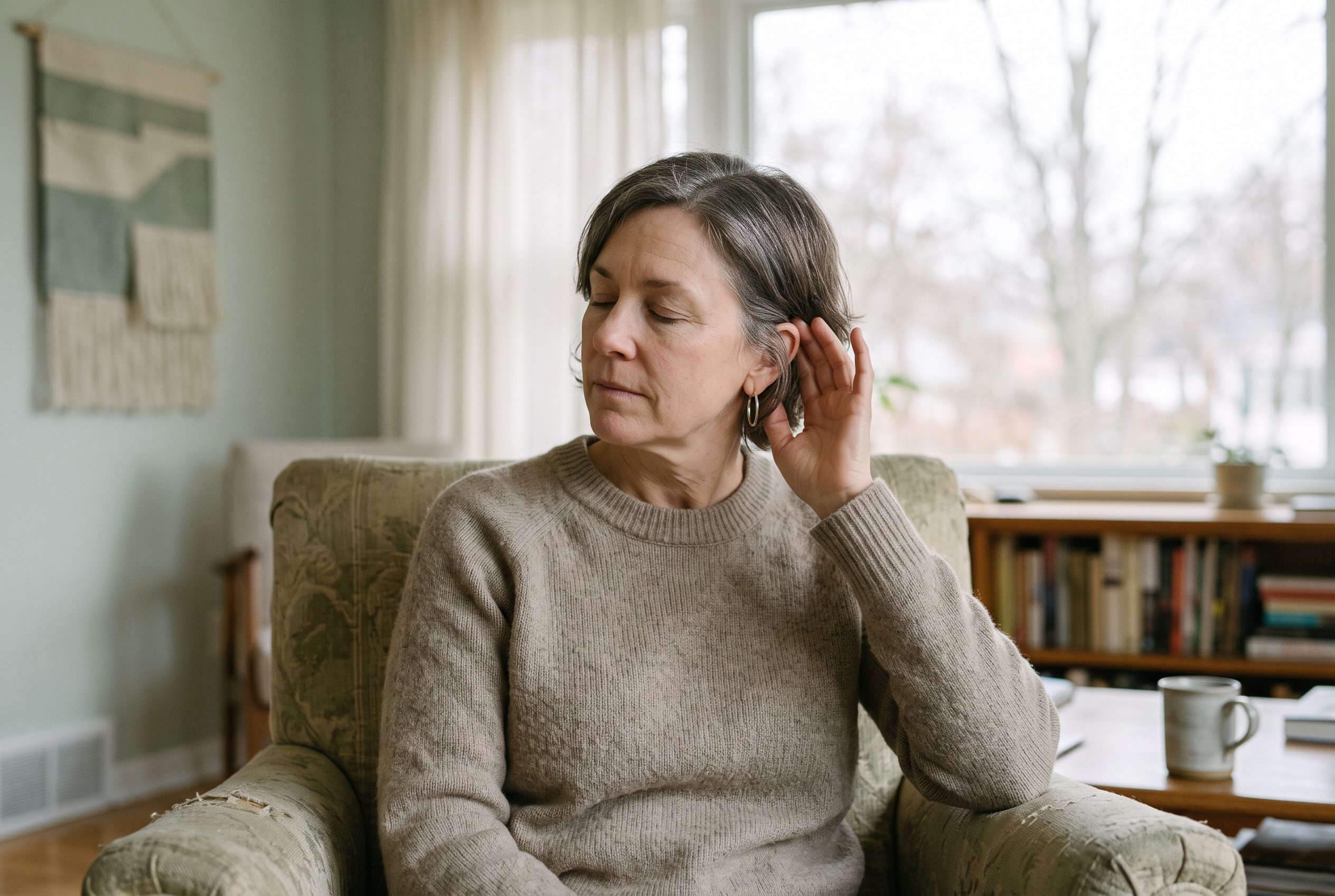 A person seated in a quiet, softly lit living room