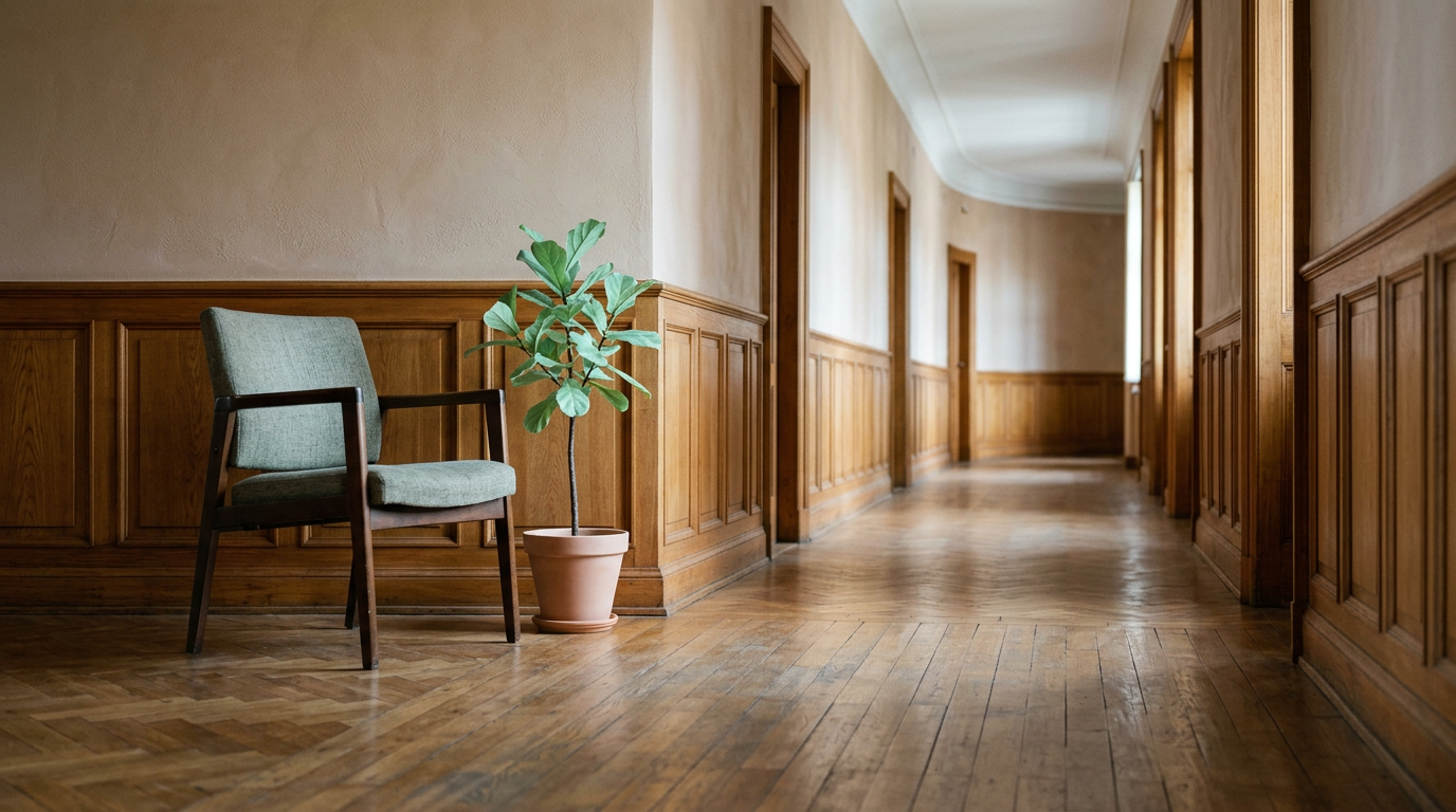 An empty waiting-room corridor