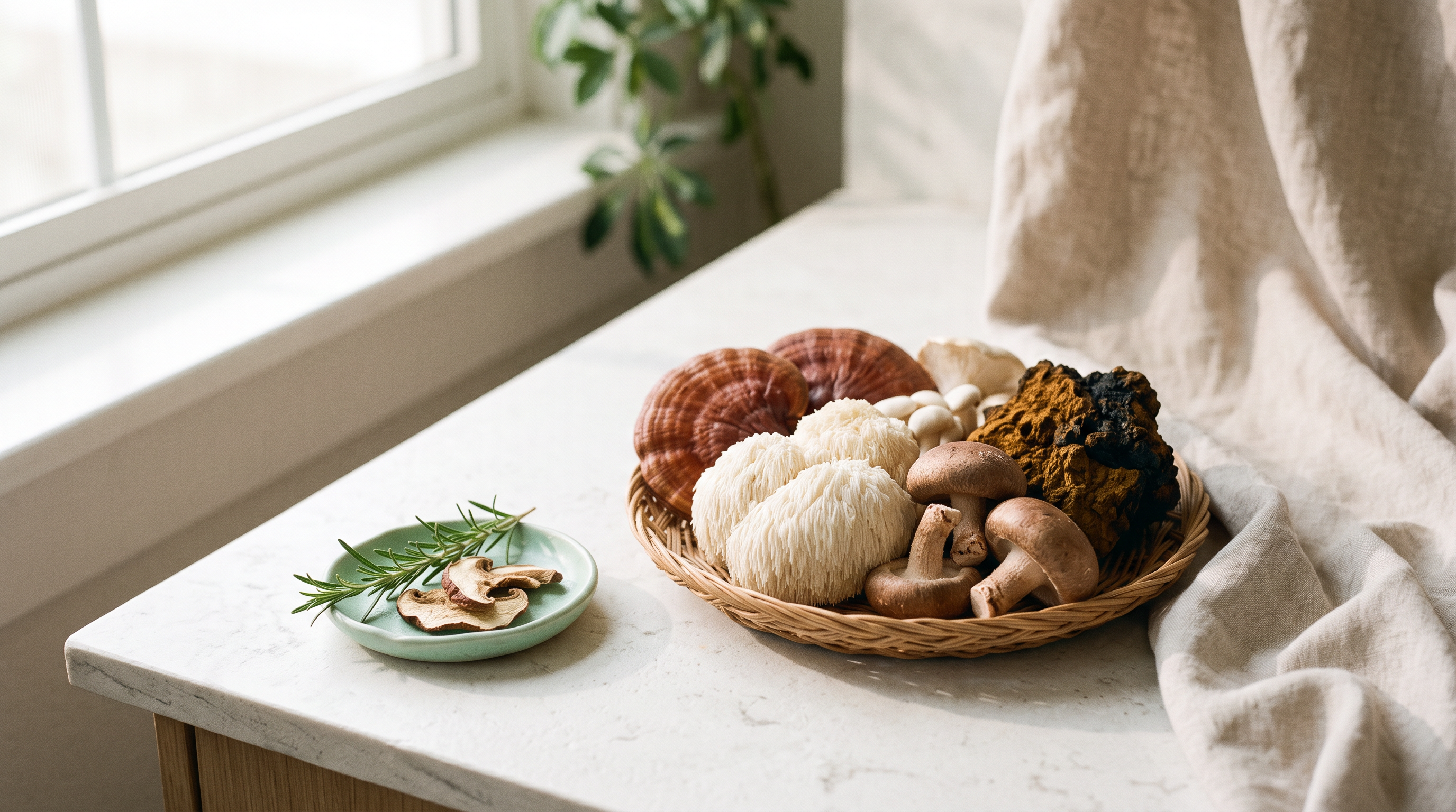 Serene sunlit hero for a heart-health mushroom supplement review