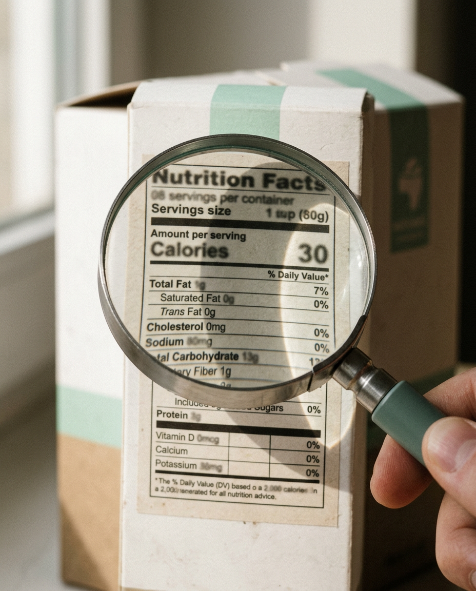 A magnifying glass over a blank nutrition label