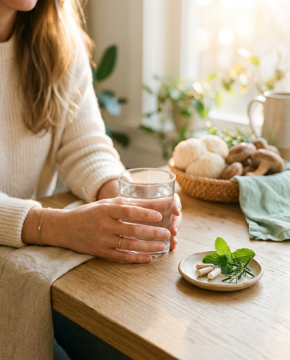 Hands holding a glass of water, morning ritual
