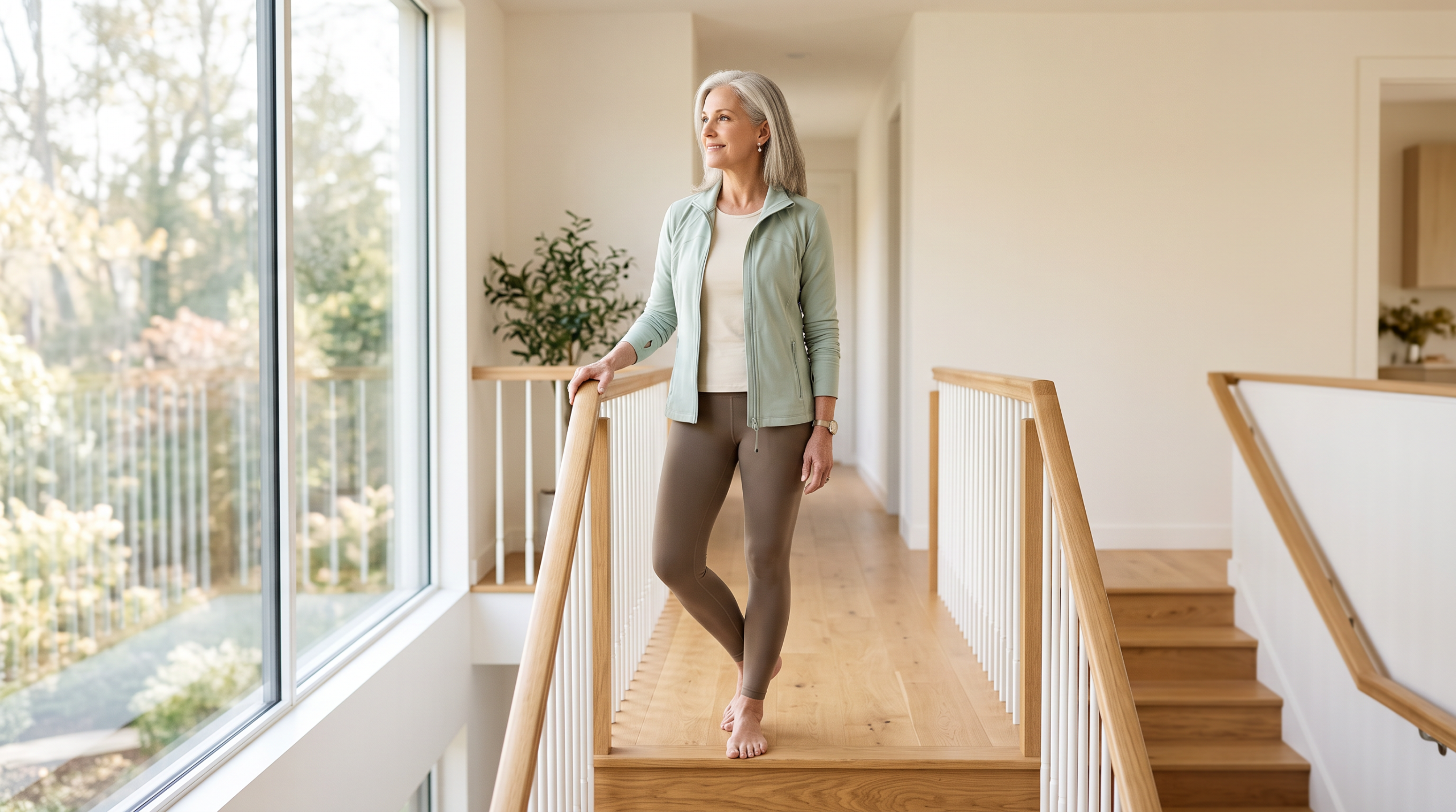 A serene active-aging scene bathed in soft morning light
