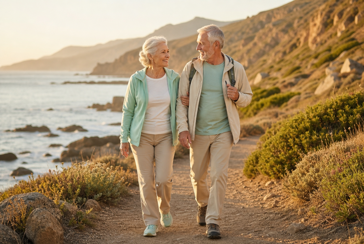 A senior couple walking along a quiet coastline