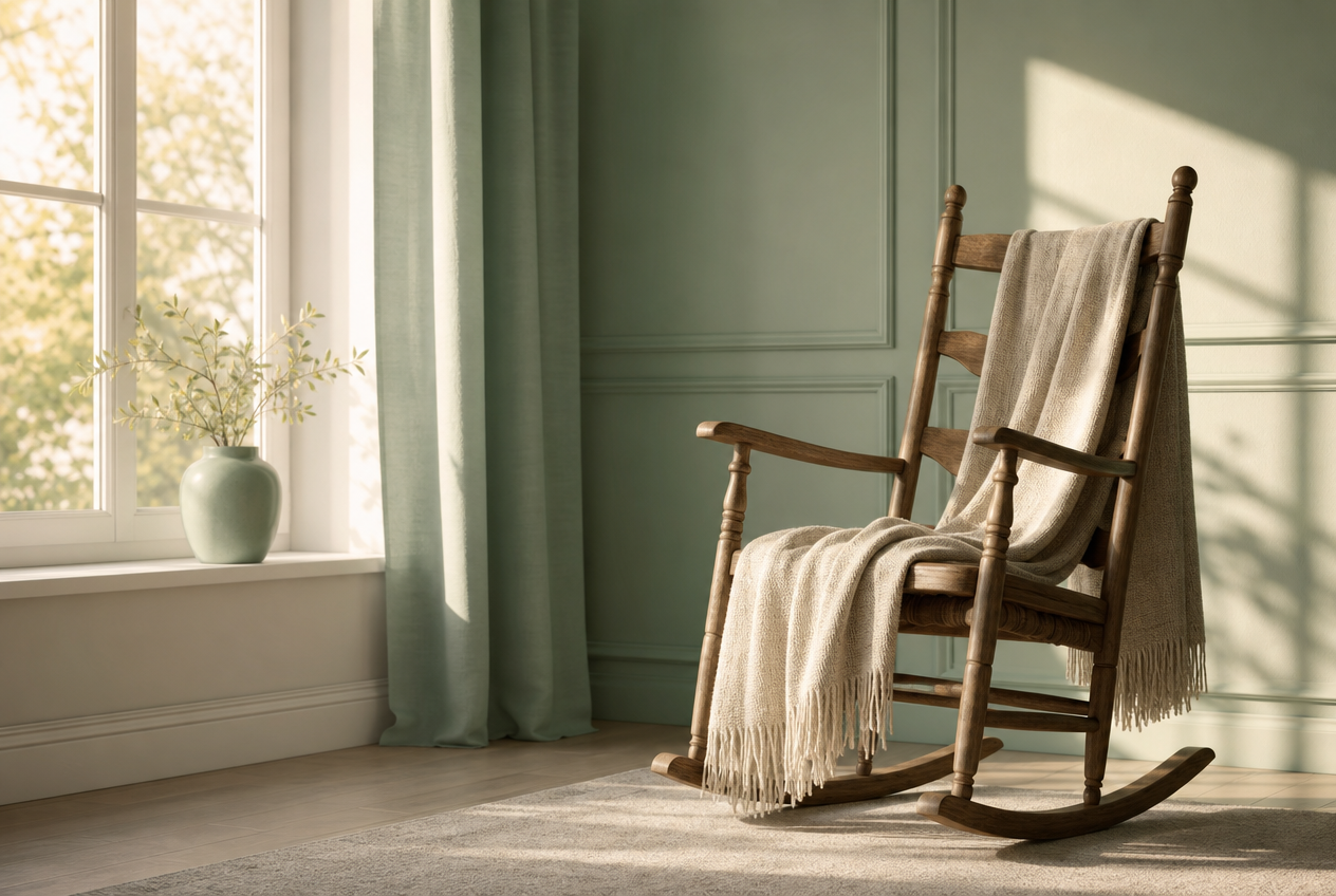An empty wooden rocking chair by a bright window