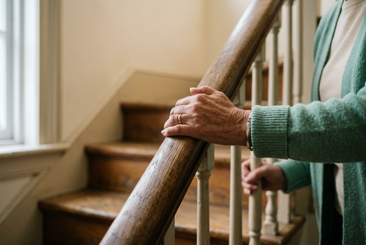 Hands gripping a wooden stair rail