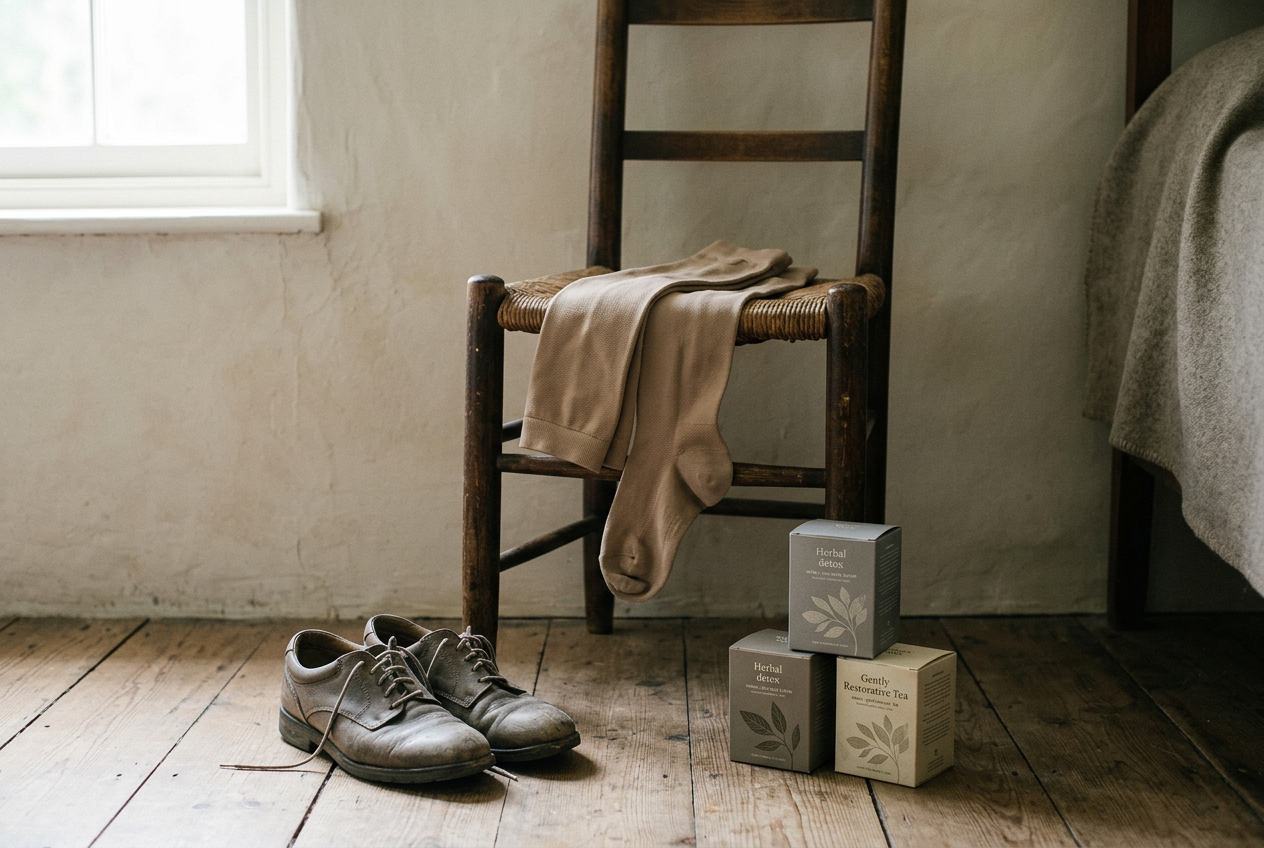 Compression stockings and worn shoes on a chair