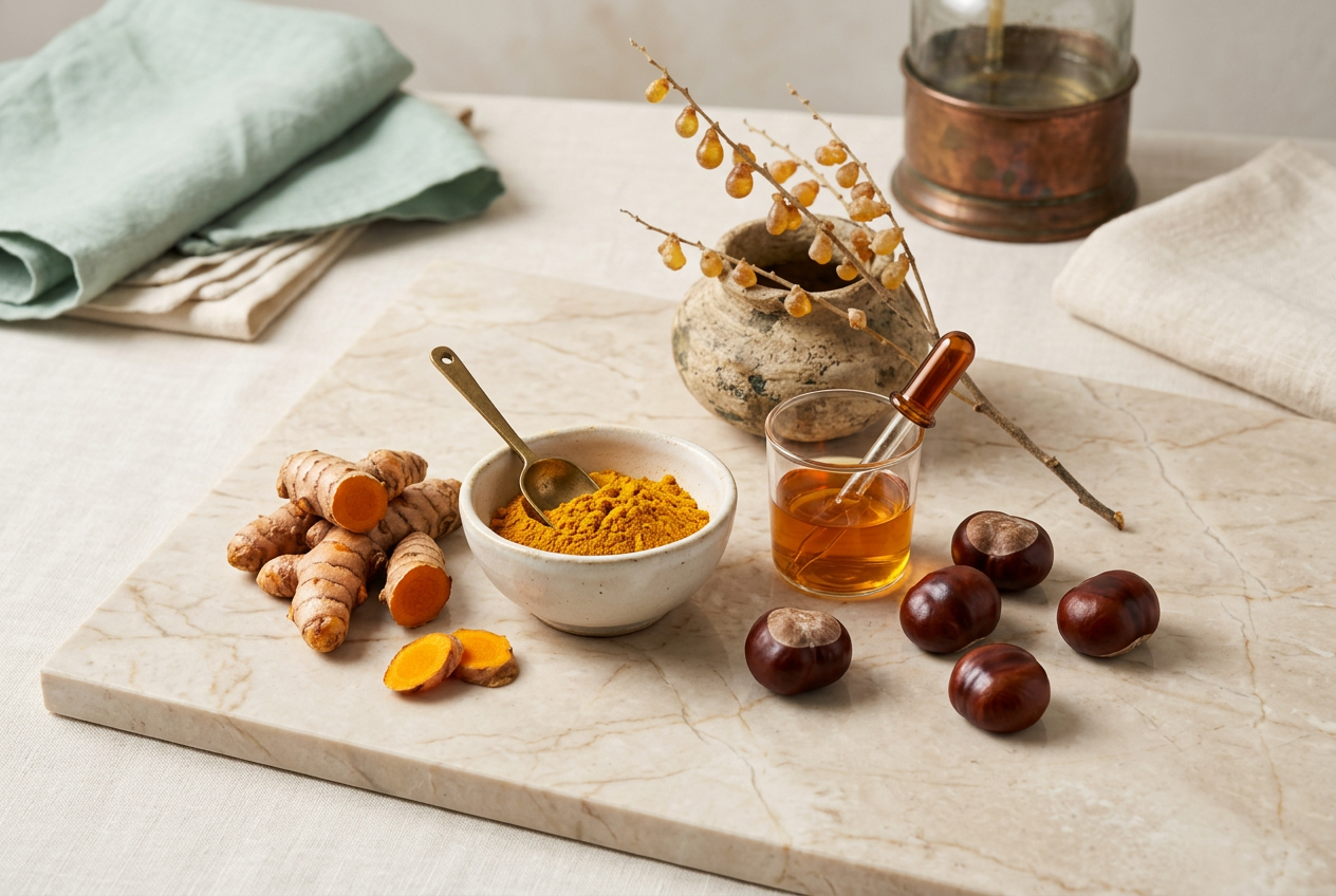 Natural botanical ingredients on a marble surface