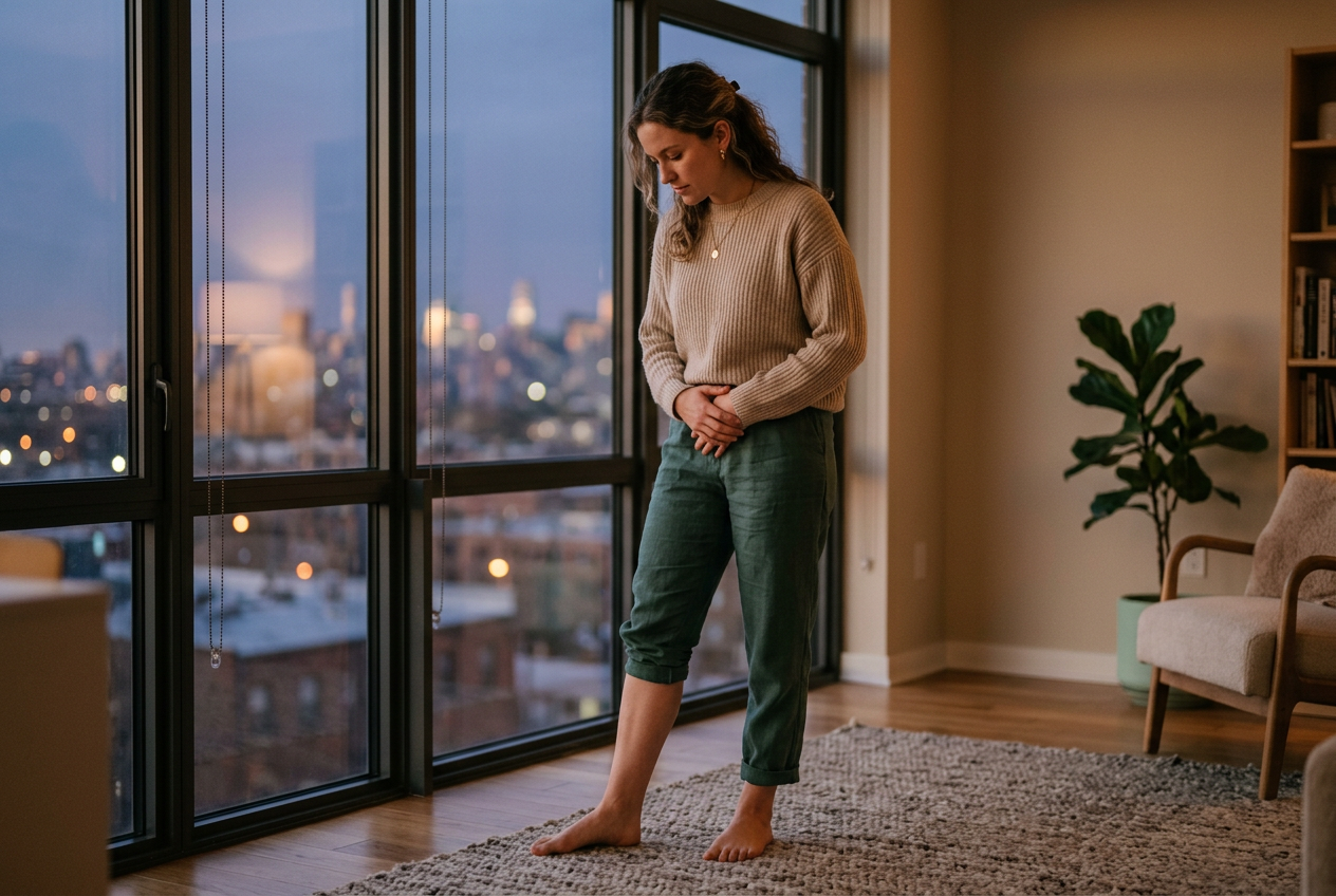 A person contemplating at a large window at dusk