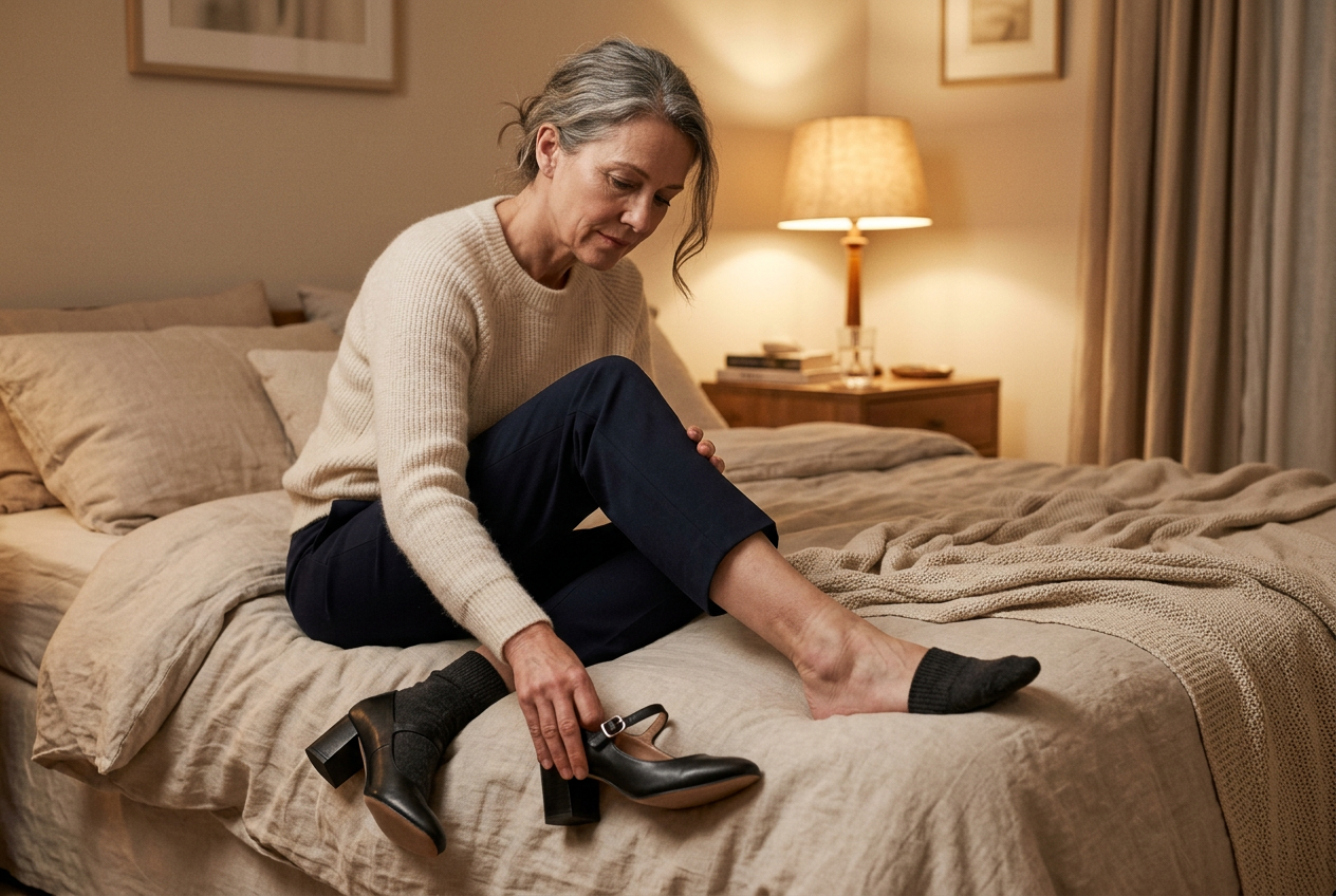 A tired person loosening a shoe at the end of the day