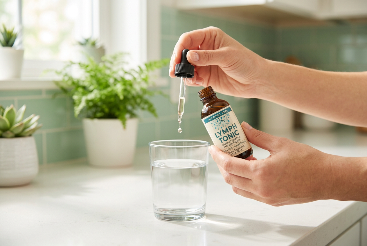 Hands holding an amber dropper bottle over a glass of water