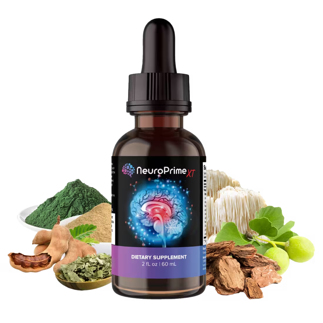 NeuroPrime bottle with its natural ingredients in a clean setting