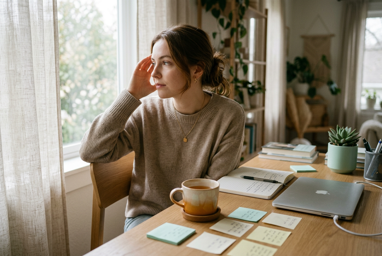 A person at a tidy desk in soft morning light, hand resting on the forehead