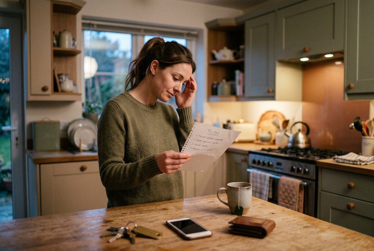 A person at home, visibly frustrated by forgetfulness in a softly lit kitchen