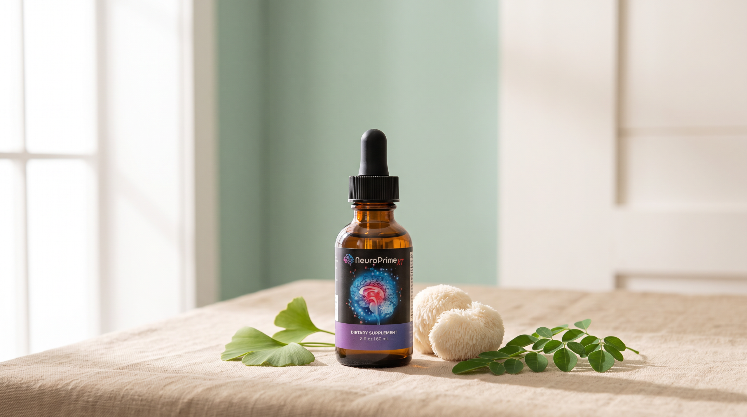 Premium editorial hero still life for a brain-health supplement review