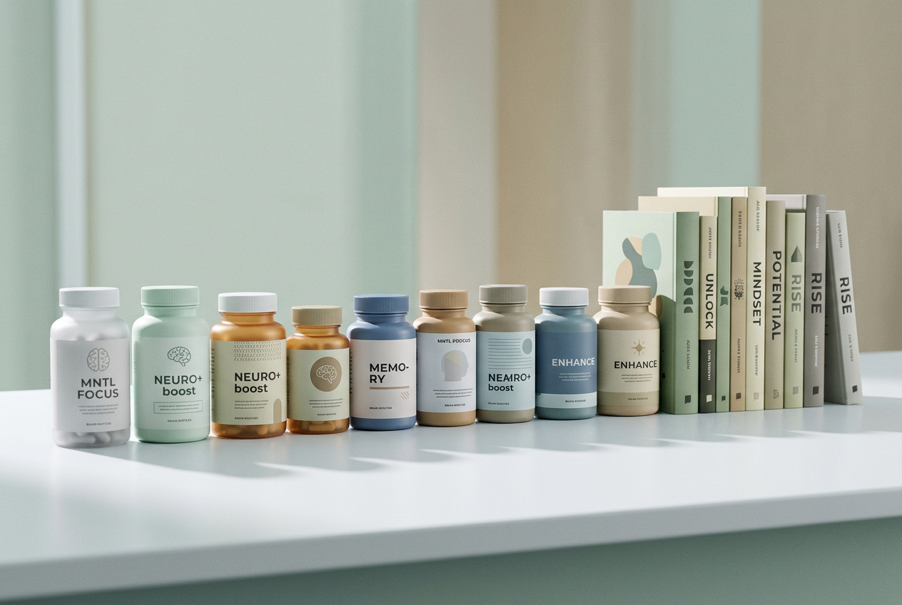 A neat row of generic brain-booster pill bottles on a shelf