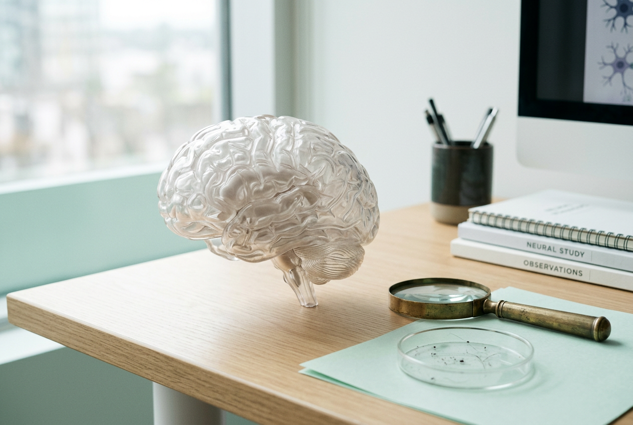 A translucent anatomical brain model, investigative mood