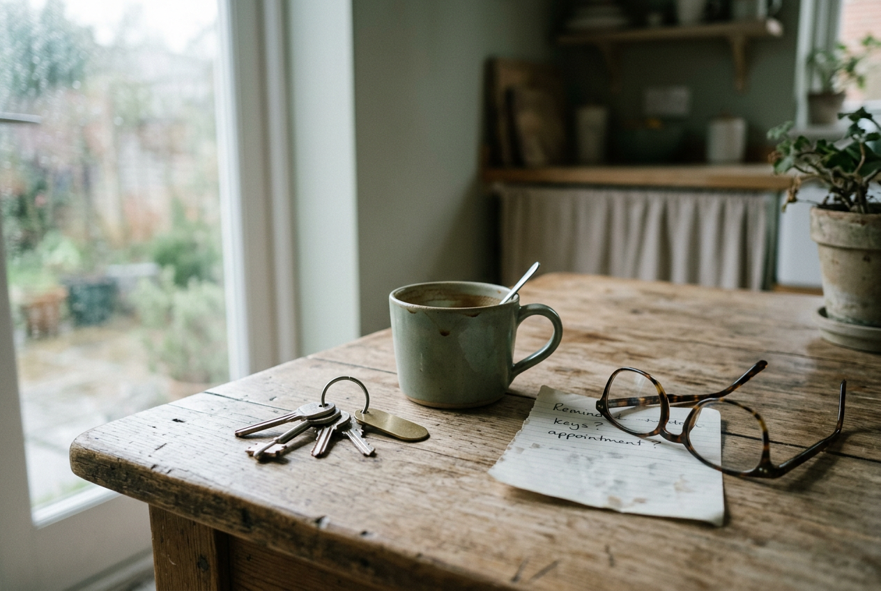 A set of house keys on a table, memory fog everyday scene