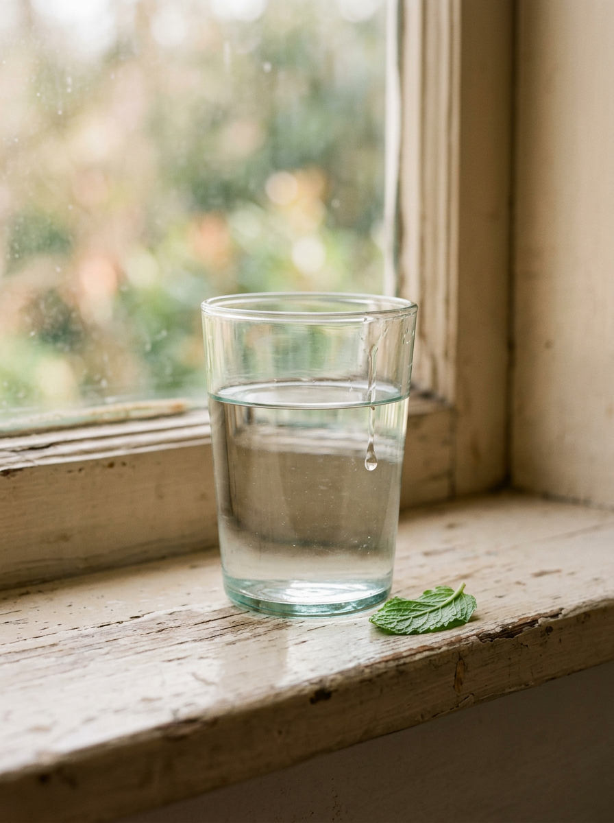 A glass of water, beige and mint palette