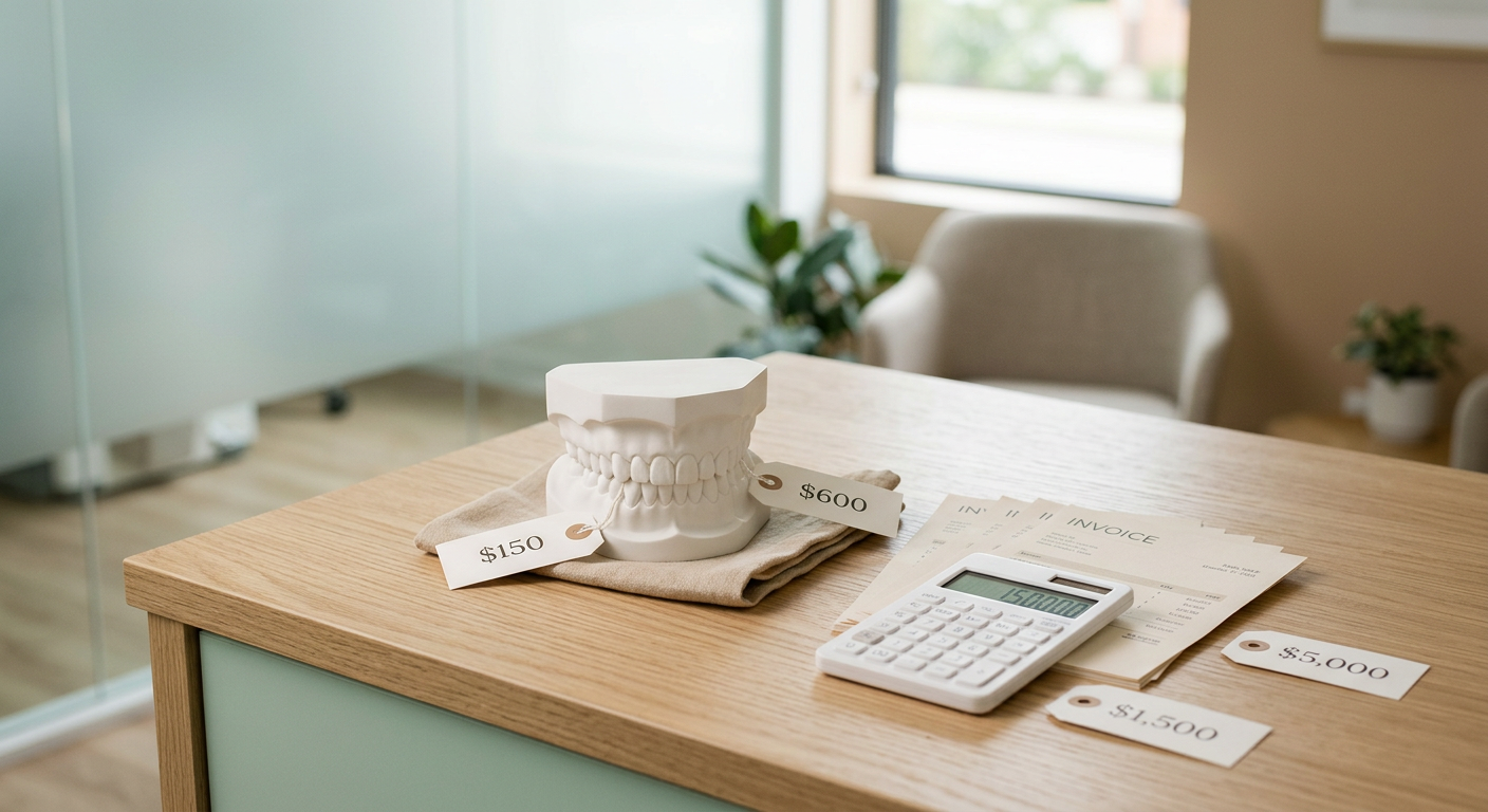 Editorial dental care cost comparison with calculator and price tags