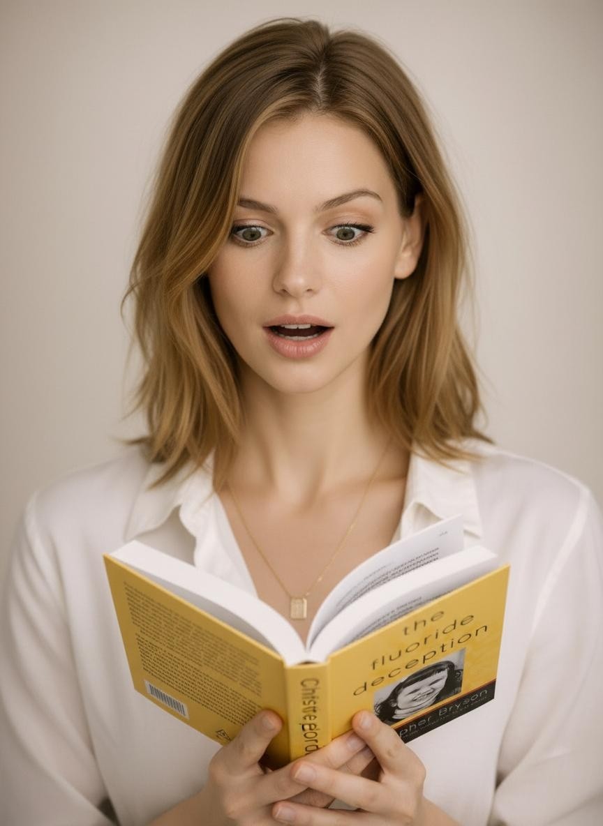 Editorial image of a reader with The Fluoride Deception book