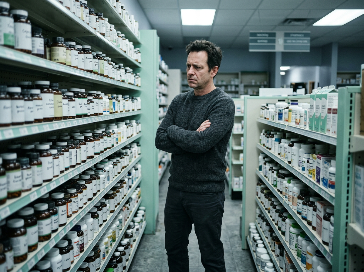 A man overwhelmed in a busy wellness aisle