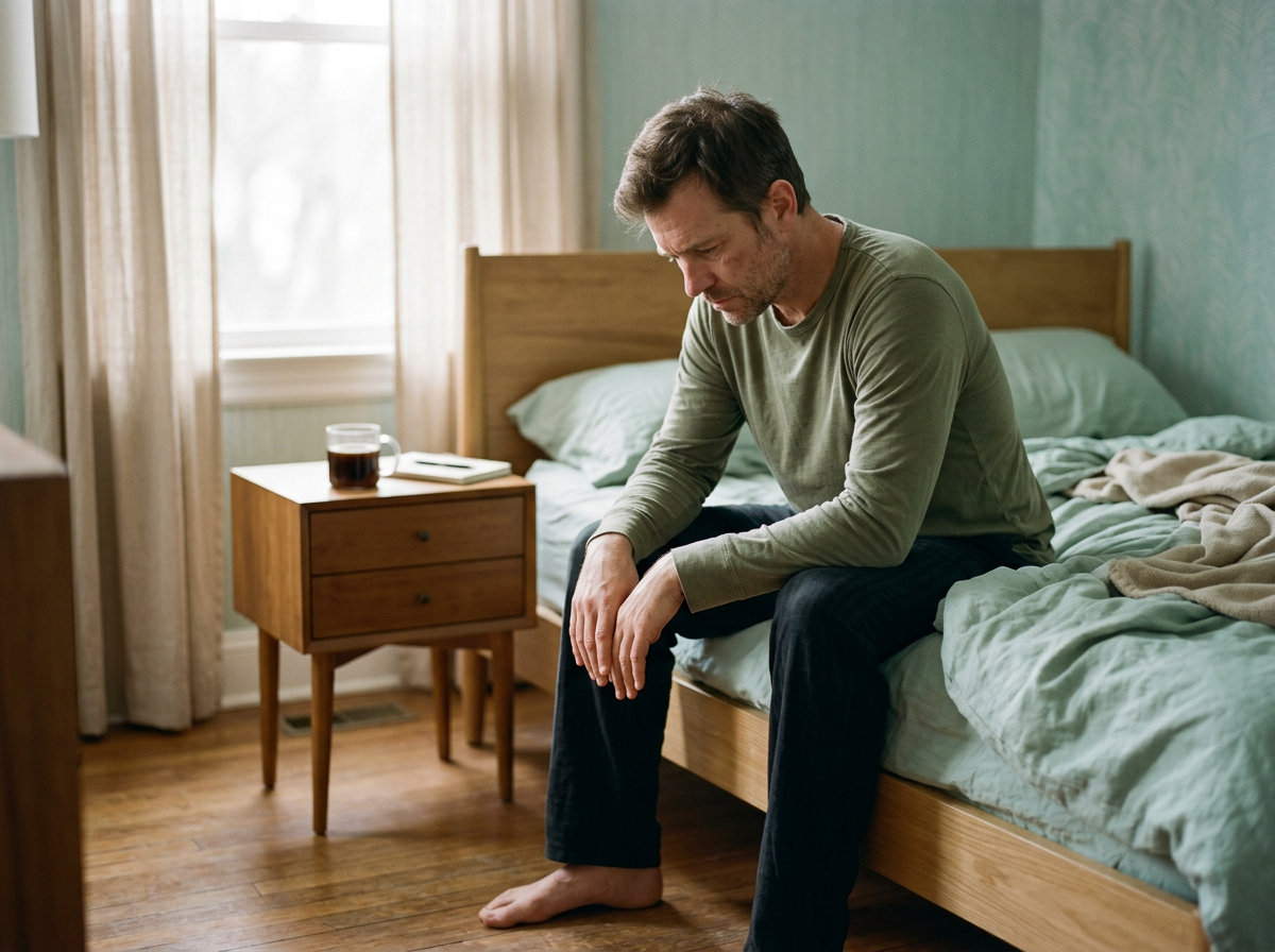 A man in his early 40s sitting alone, visibly tired