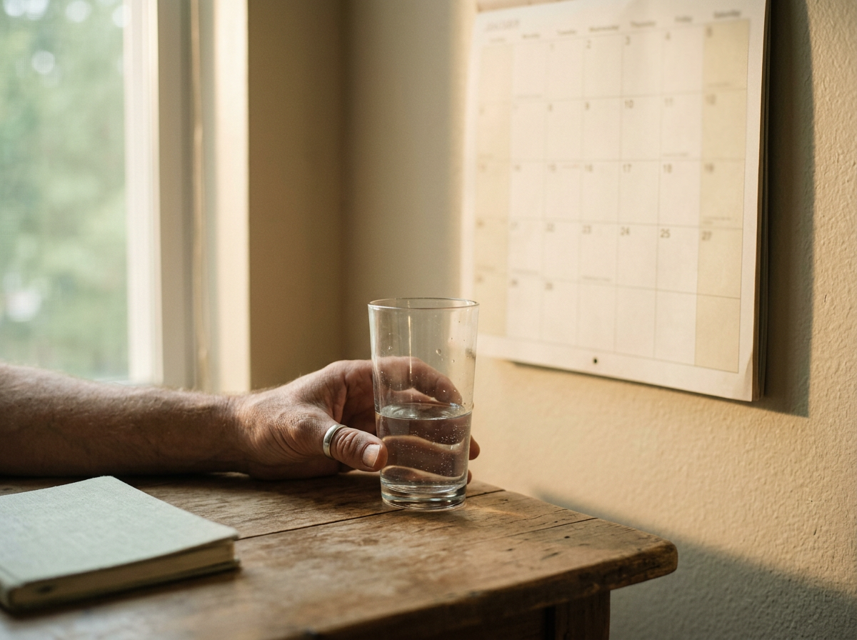 A hand holding a half-empty glass, time slipping away