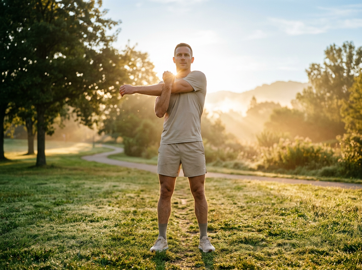 A fit man stretching outdoors at sunrise