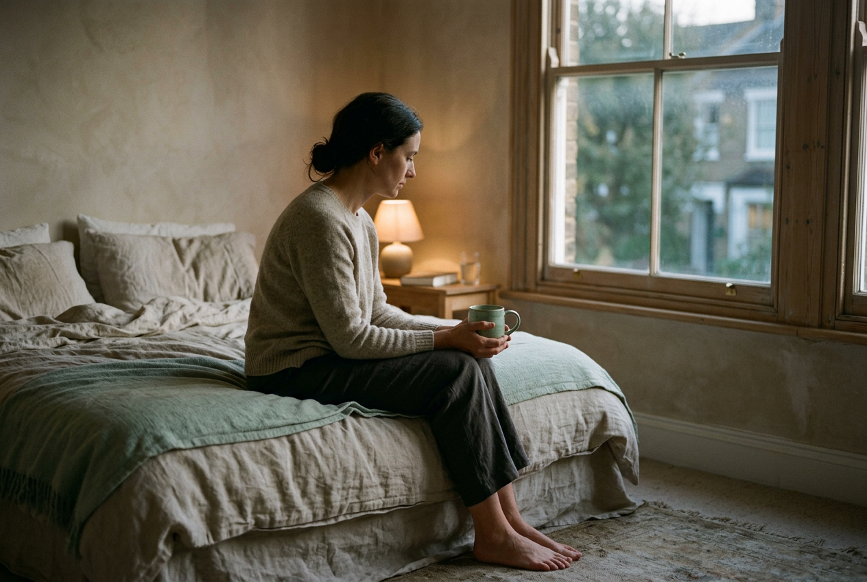 Woman sitting at the edge of a bed, reflective mood