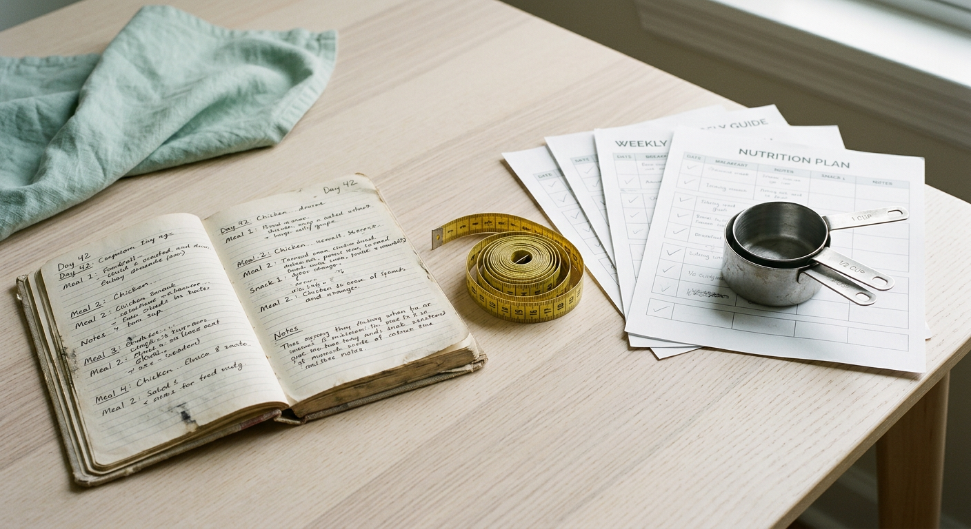 Cluttered diet-culture products on a table