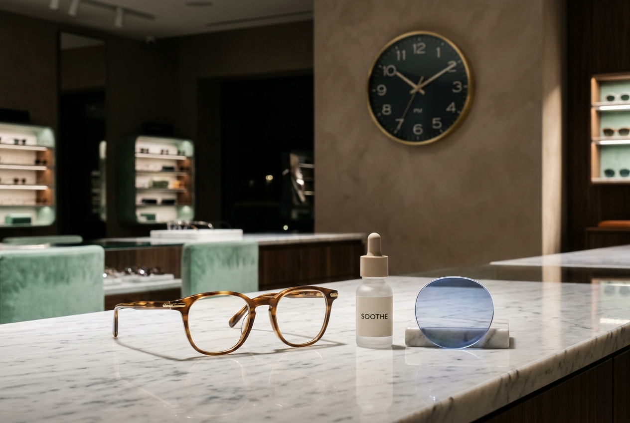 Eyeglasses, eye drops and blue-light lens on a marble counter