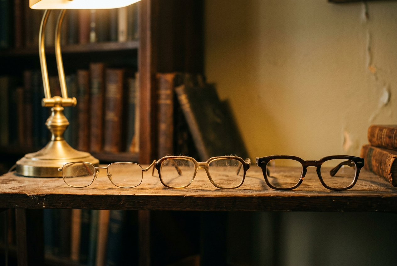 An escalating row of eyeglasses on a wooden shelf