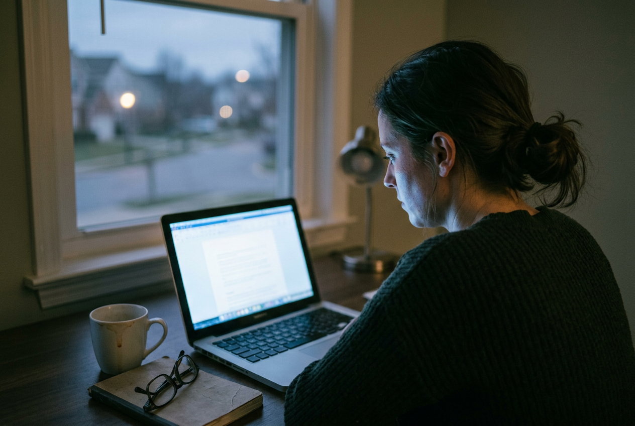 Modern eye strain: a person at a glowing laptop screen at dusk