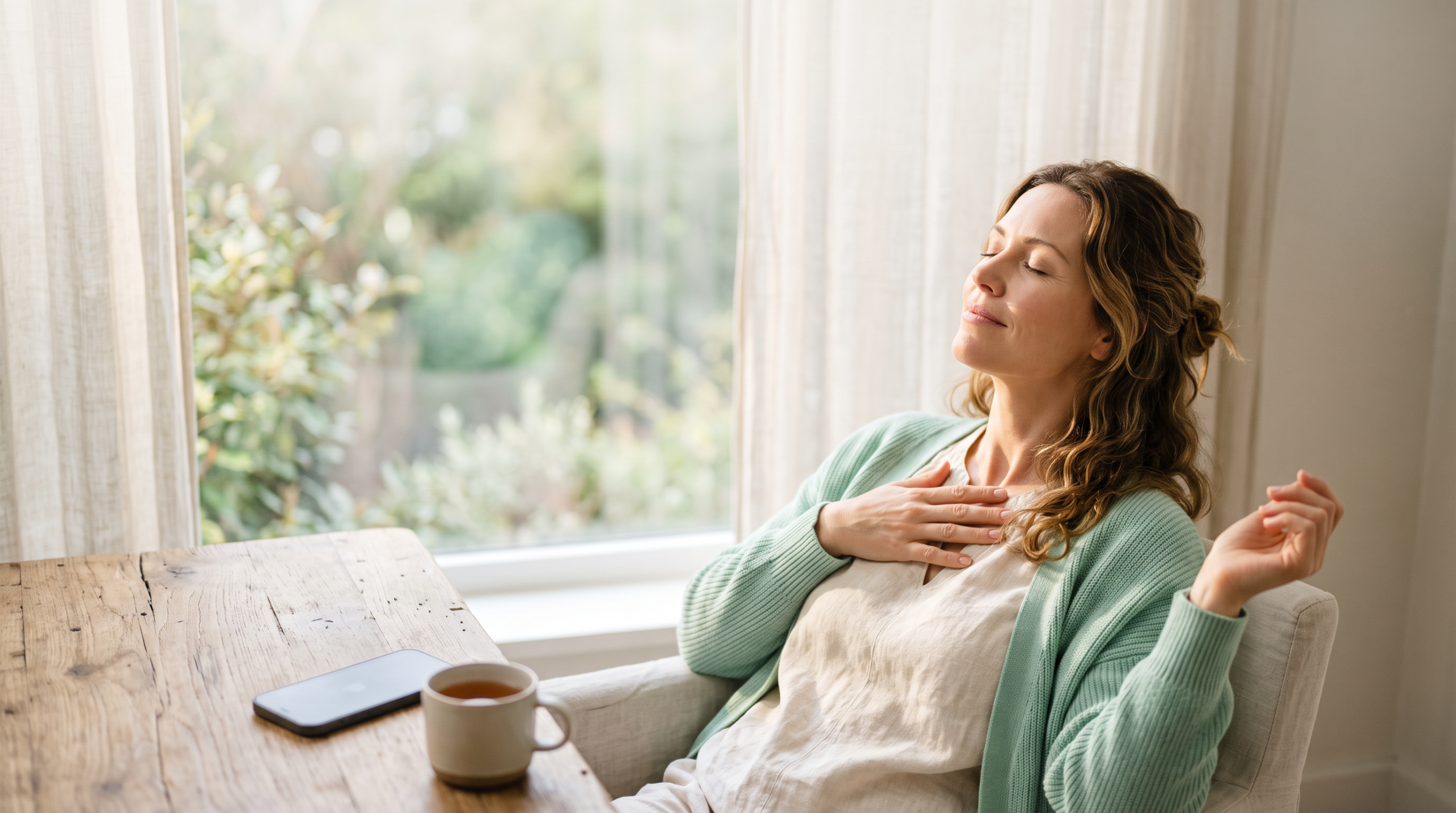 A serene person by a bright window with closed eyes in natural light