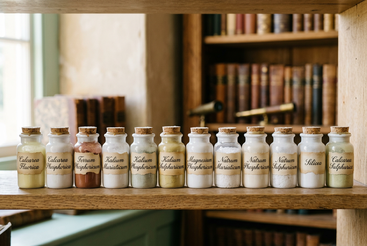 Twelve apothecary jars with the Latin names of the tissue salts