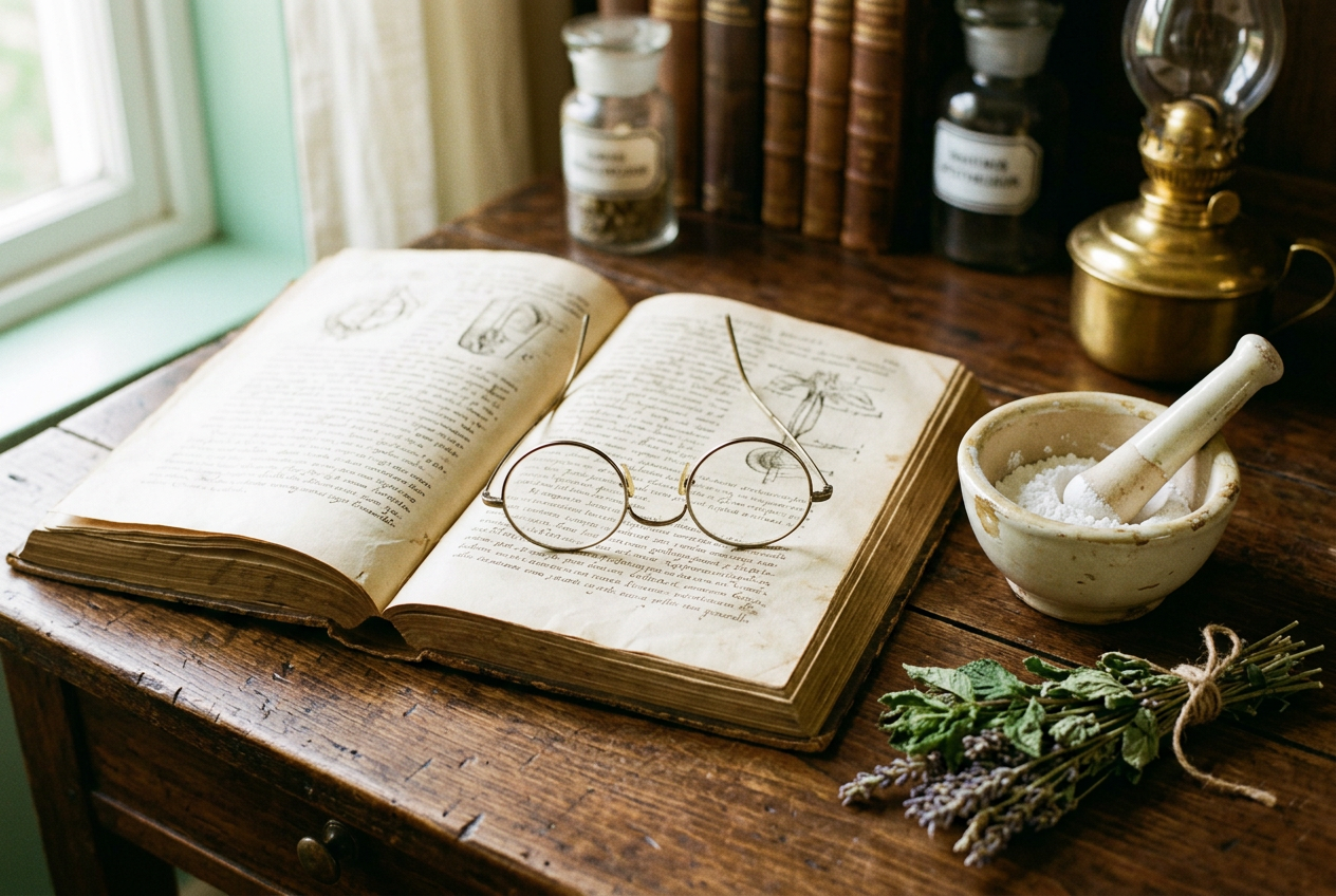 Vintage medical book, mortar and spectacles