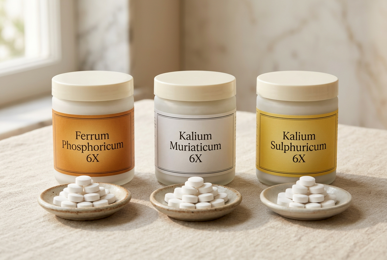 Ferrum Phosphoricum, Kalium Muriaticum and Kalium Sulphuricum 6X tissue salts