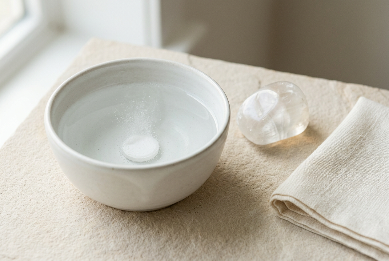 A white bowl with dissolving tablet and gypsum mineral — the closing phase of suppuration without anatomy