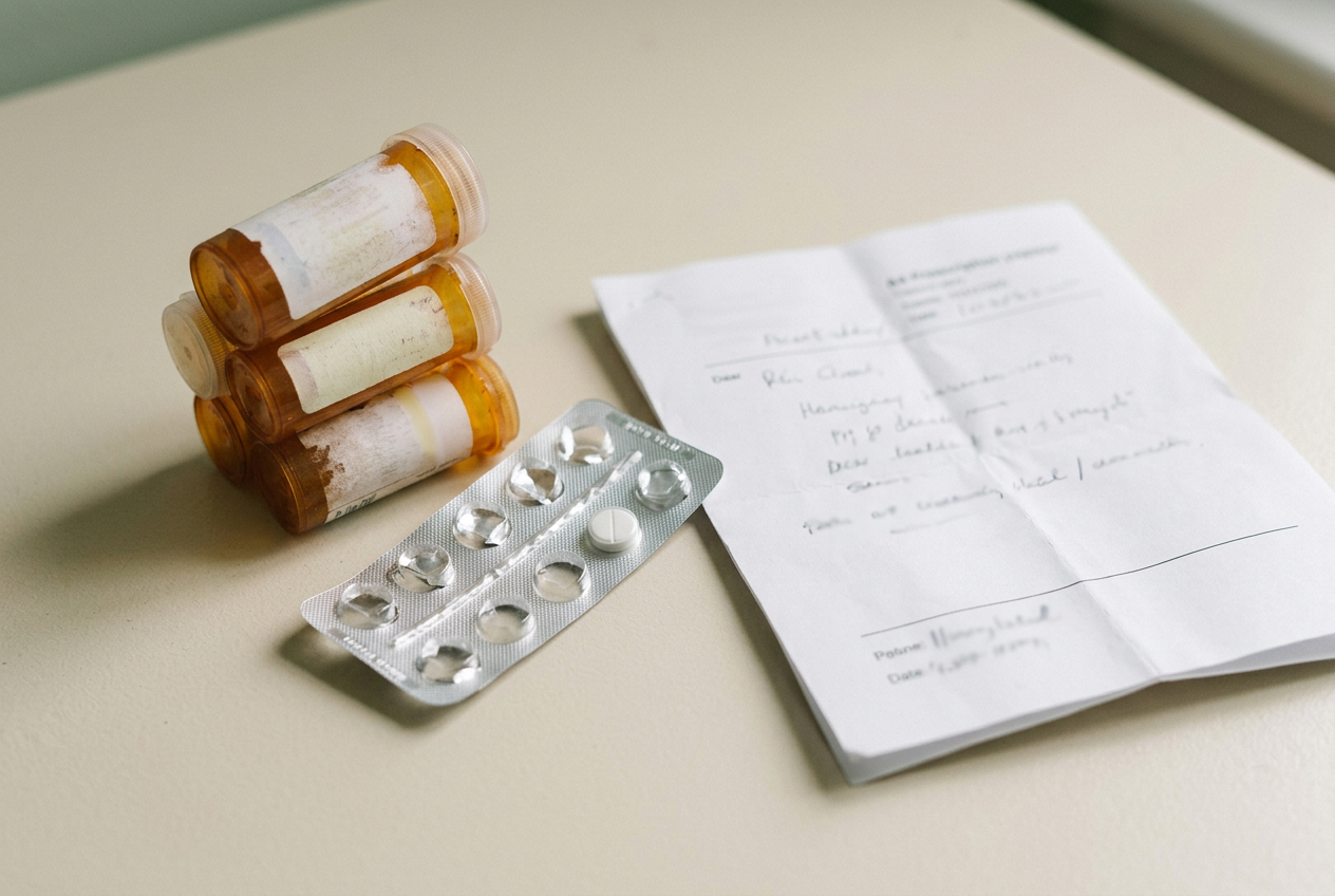 Empty blister cavities beside a handwritten prescription — the repetitive prescription cycle plateau