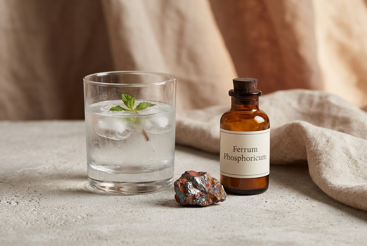 Cool water and ice beside the Ferrum Phosphoricum vial — the first stage of inflammation