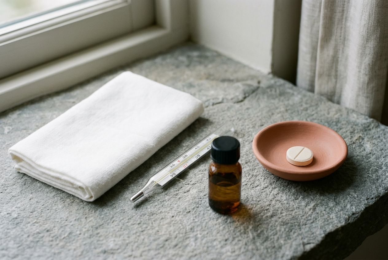 A cotton cloth folded beside a glass thermometer — the fever-first-aid cycle