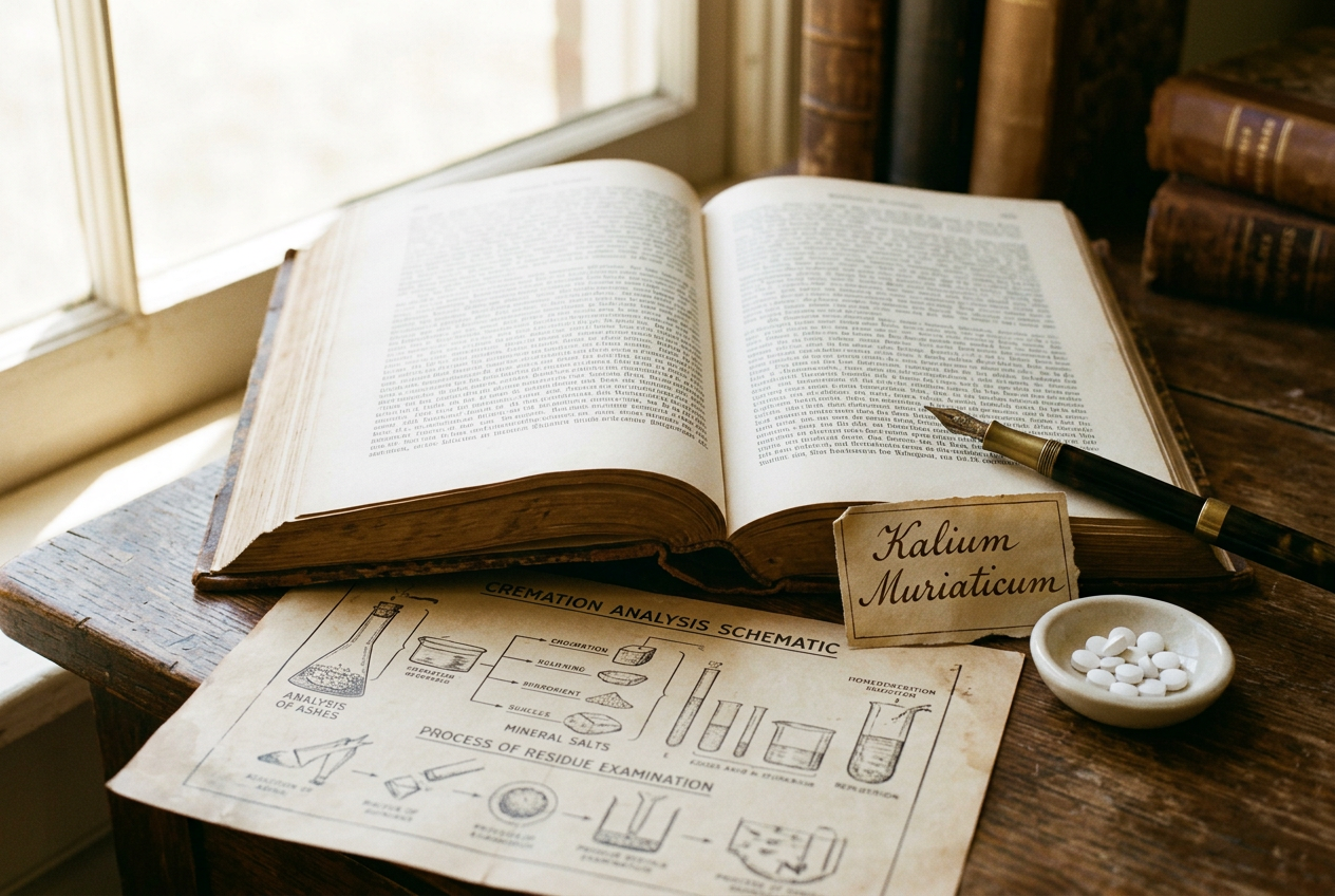 Open medical volume with a cremation-analysis schematic beside a Kalium Muriaticum label