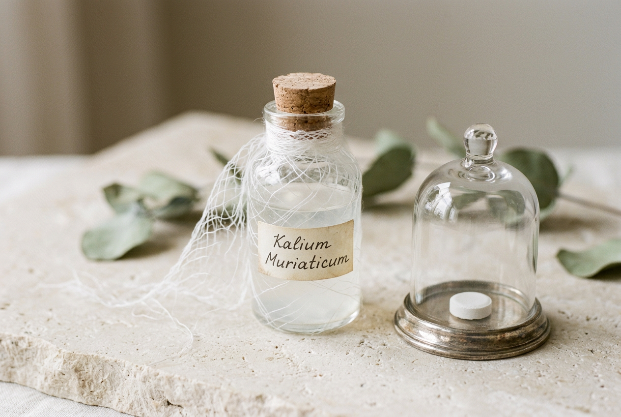 A white cotton mesh over a Kalium Muriaticum vial with a small bell jar — fibrin and the second stage