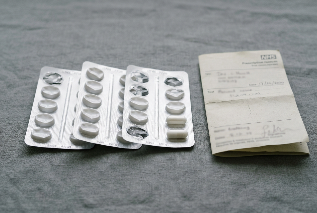 Mostly empty antibiotic blister strips beside a folded prescription — the repeated antibiotic cycle