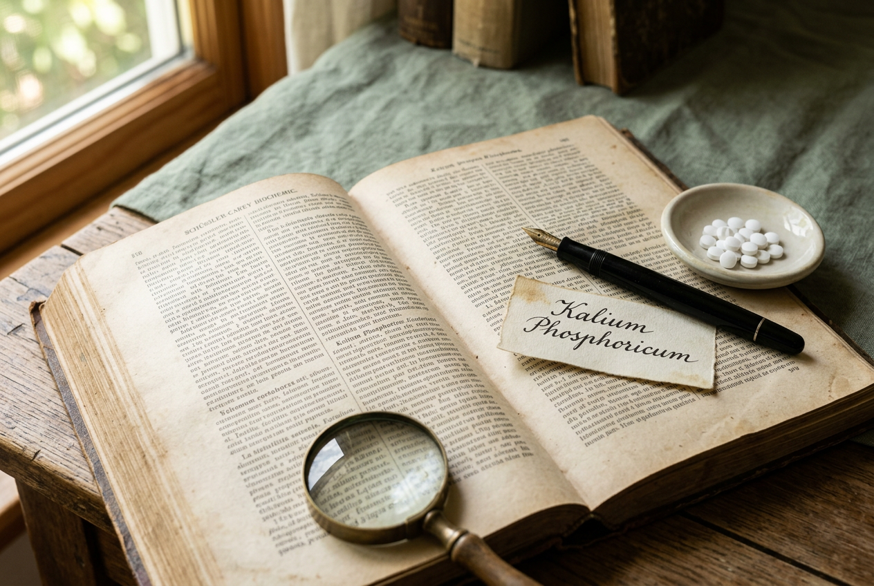 Open medical volume with magnifying glass and a Kalium Phosphoricum label — the grey matter doctrine